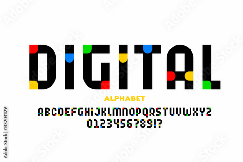 Digital style font, alphabet letters and numbers vector illustration