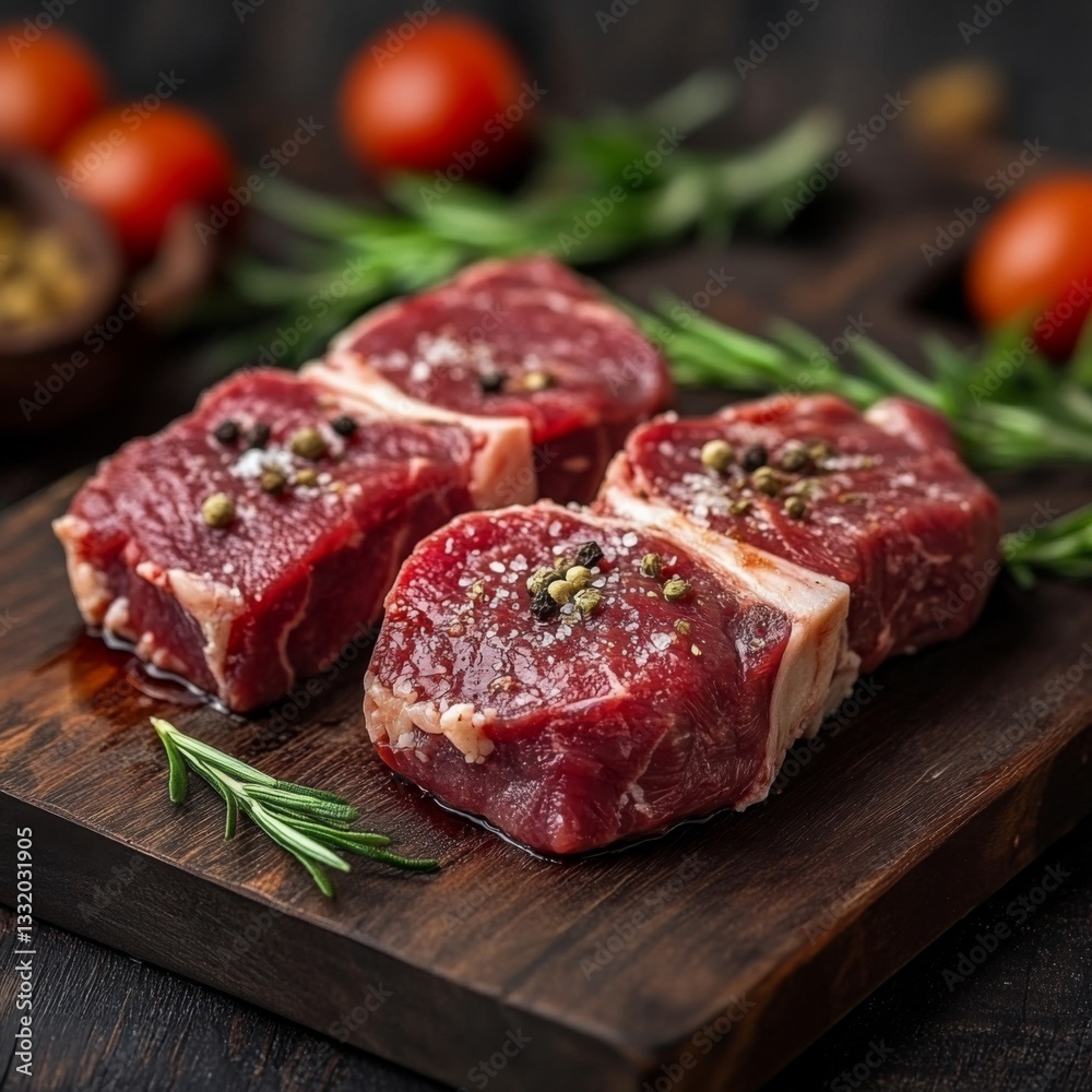 Fresh raw beef steaks are neatly arranged on a dark wooden board, garnished with rosemary sprigs and cracked peppercorns, ready for gourmet culinary preparation. Fresh raw beef steaks are neatly arranged on a dark wooden board, garnished with rosemary sprigs and cracked peppercorns, ready for gourmet culinary preparation.