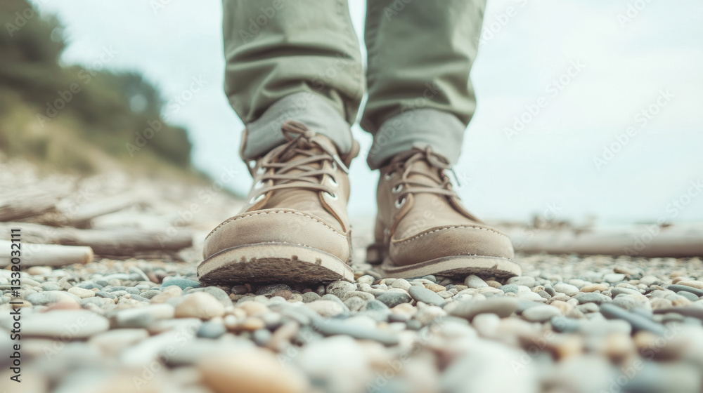 Close up of person in hiking boots standing on a rocky beach shoreline in adventure apparel Close up of person in hiking boots standing on a rocky beach shoreline in adventure apparel