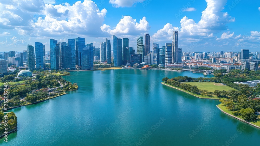 Obraz premium Panoramic view of city skyline, skyscrapers, and waterfront park.