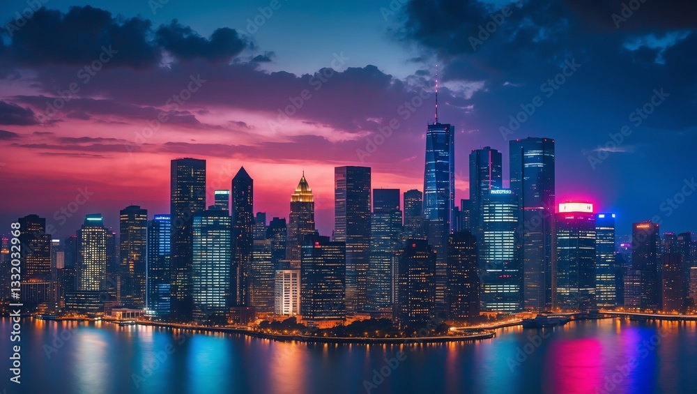 Obraz premium High-Resolution Night City Skyline Wallpaper with Reflections