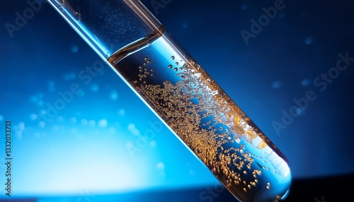 Close-up of a test tube with particles slowly settling at the bottom, glowing softly. Scientific, laboratory-focused image capturing delicate chemical or biological reaction in progress.