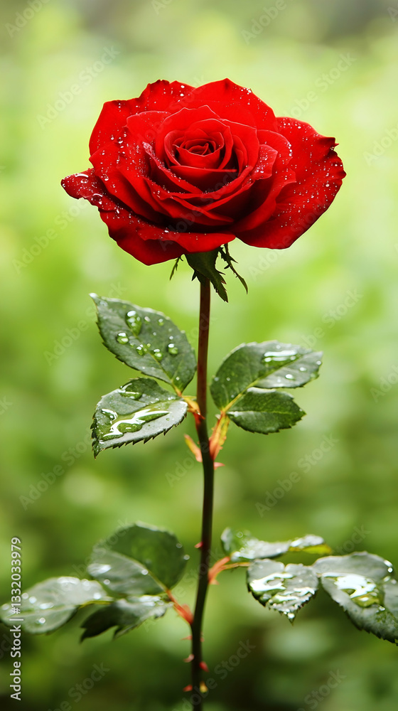 Single red rose with dew drops, garden background, romantic symbol, Valentine's Day card Single red rose with dew drops, garden background, romantic symbol, Valentine's Day card
