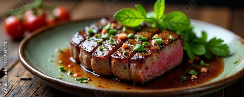 Grilled venison steak with herbs and spices on a rustic plate, wild, meal