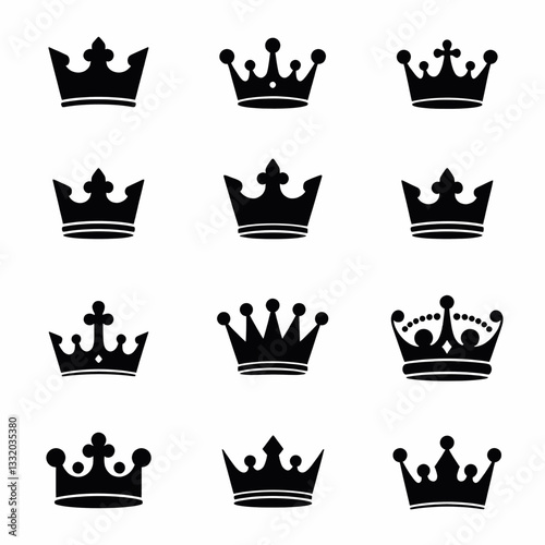 Assorted black crown silhouettes on white background