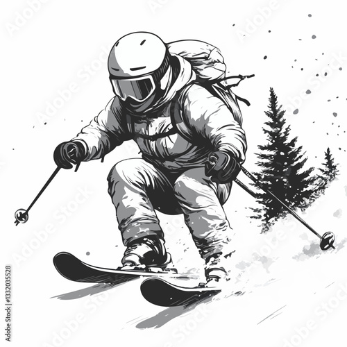 A skier dressed in full winter gear, including a helmet and backpack, skiing down a snowy slope with snow flying behind. A lone tree is visible in the background.