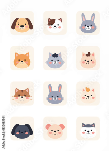 Assorted Pastel Animal Icon Collection on Creamy Squares
