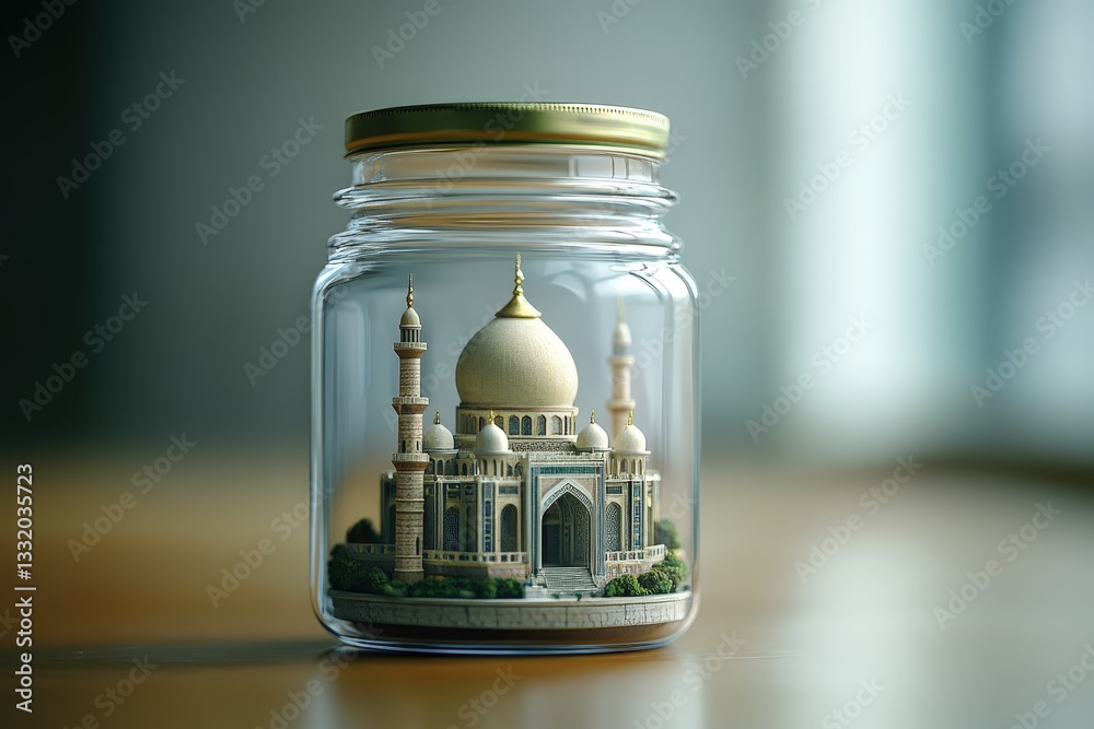 A miniature architectural structure displayed inside a glass jar A miniature architectural structure displayed inside a glass jar