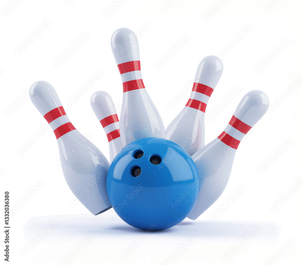 Blue bowling ball hitting white bowling pins with red stripes Blue bowling ball hitting white bowling pins with red stripes