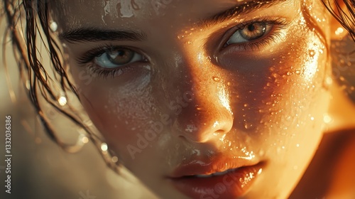 Close-up of a young woman with glowing skin and wet hair, exuding a sensuous and captivating aura.