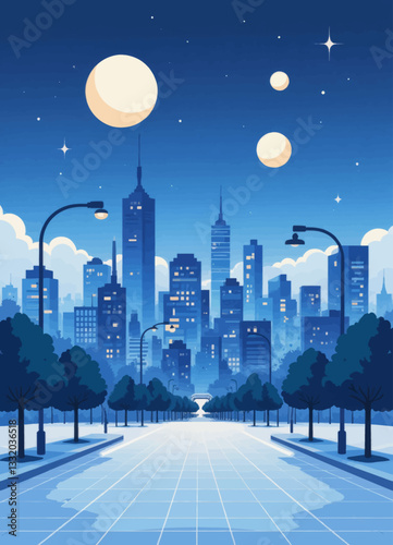 Blue Pixel Art Cityscape with Three Moons and Stars