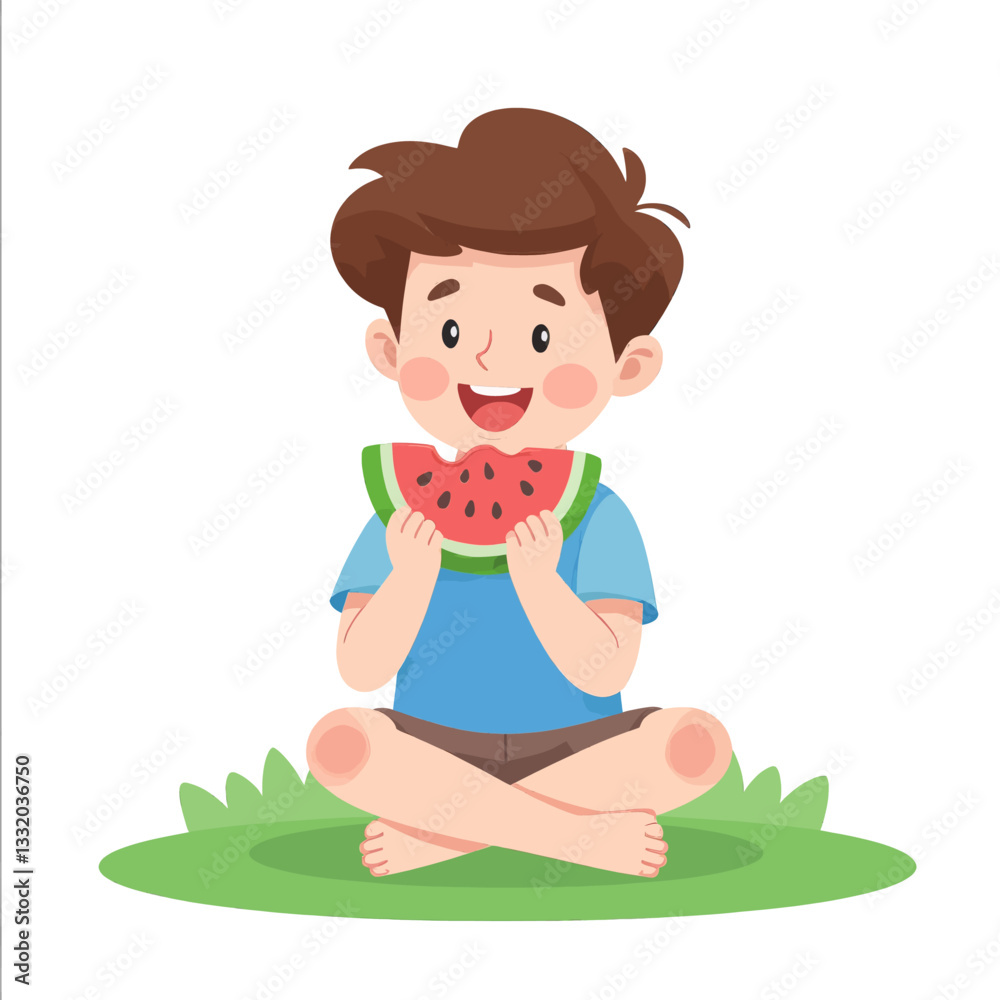 Boy in cross-legged position eating a watermelon slice Boy in cross-legged position eating a watermelon slice