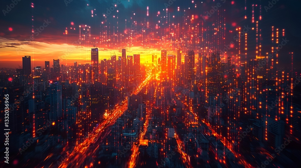 Obraz premium Digital Sunset over Cityscape