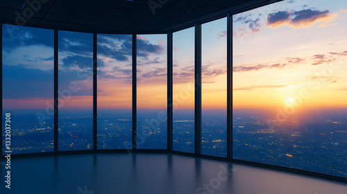 Futuristic air traffic control room with advanced technology city skyline evening view