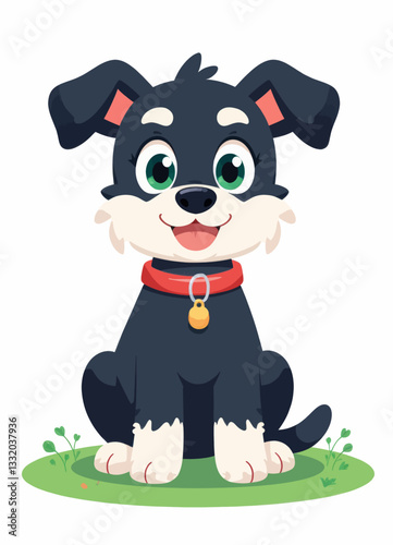 Cartoon Dog Vector with Red Collar Sitting on Green Grass