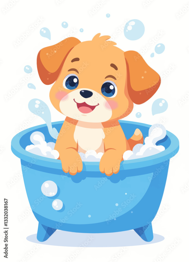 Cartoon Golden Puppy Enjoying Bubble Bath Cartoon Golden Puppy Enjoying Bubble Bath