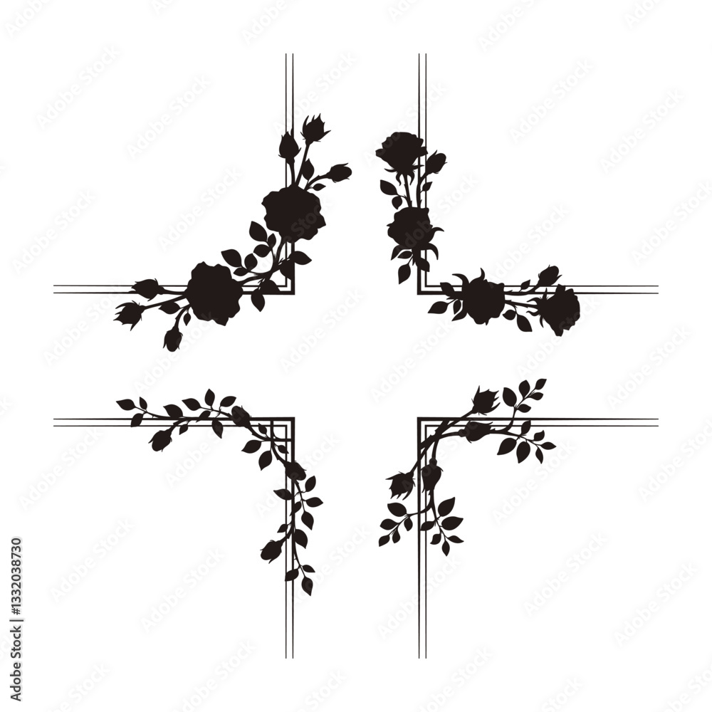 Obraz premium Black roses corner frames set. Vector decor elements.