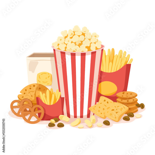 Cartoon popcorn, fries, chips, cookies, and pretzels