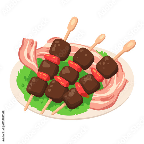 Cartoon shish kabobs with beef, red peppers, and bacon
