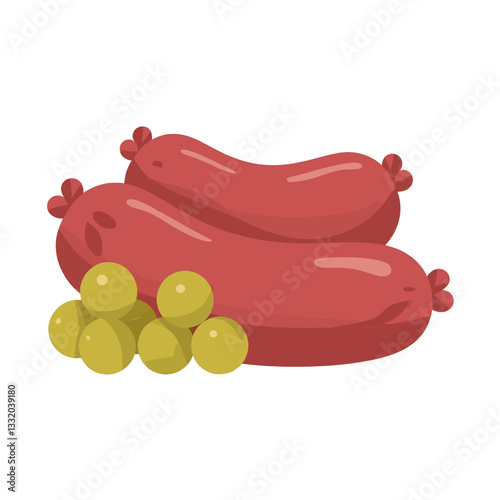 Cartoon sausages and green peas illustration
