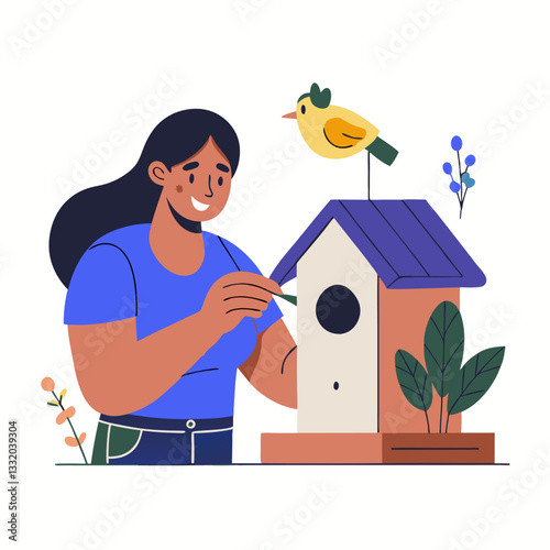 A person building a birdhouse image. Flat image isolated on white background. Vector illustration.
