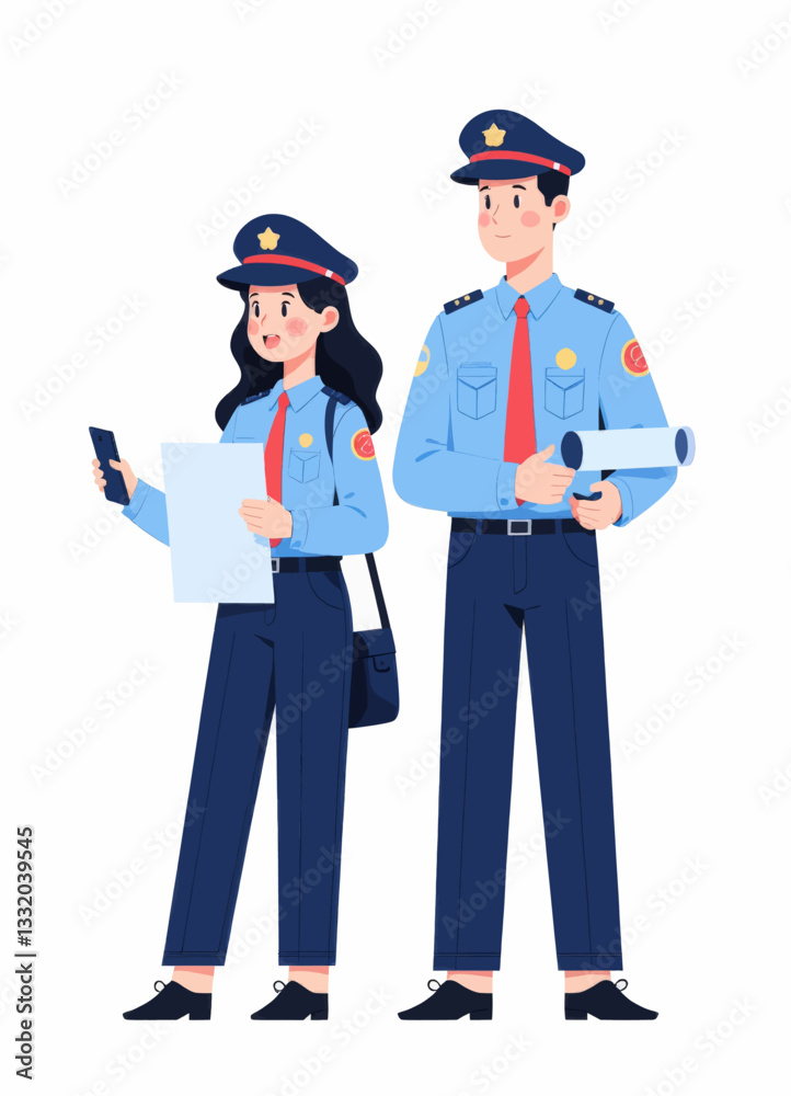Cartoon uniformed pair holding phone, document roll Cartoon uniformed pair holding phone, document roll
