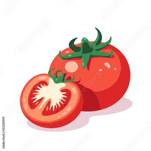 Cartoon tomatoes with one sliced in half, pixel art style