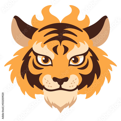 Cartoon tiger head with brown stripes and fur flames
