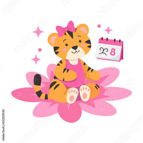 Cartoon tiger sits on pink flower with calendar noting March 8
