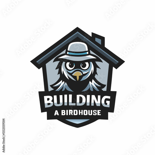 A bird in a hat looks out of a birdhouse funny emblem. Flat style. Vector illustration.