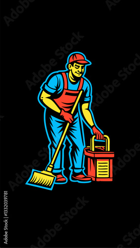 Hand drawn a person cleaning the house colorful image. Vintage style. Vector illustration.