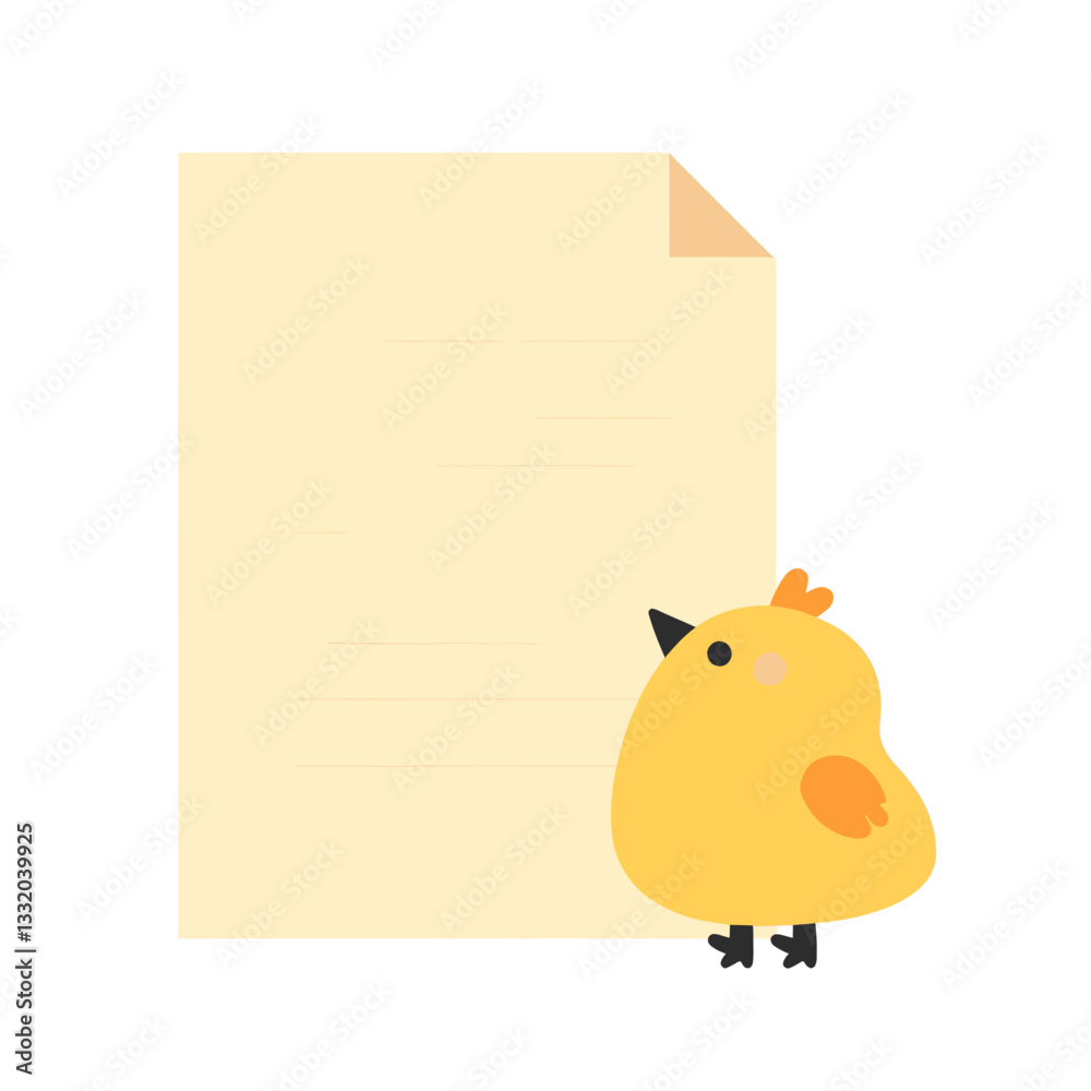 Cartoon yellow chick next to lined paper with curled corner
