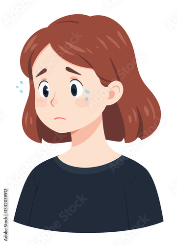 Cartoon woman looks worried with tears under her eyes