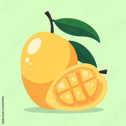 Cartoon yellow mango fruit with a leafy garnish and a sliced half