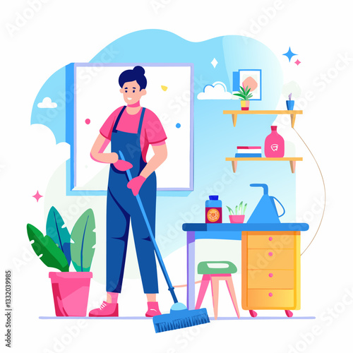 A person cleaning the house. Cartoon vector illustration on white background.