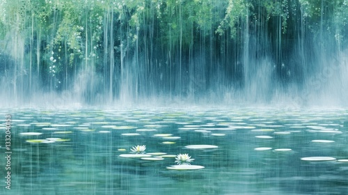 Rain cascades over a serene pond with lily pads gently floating