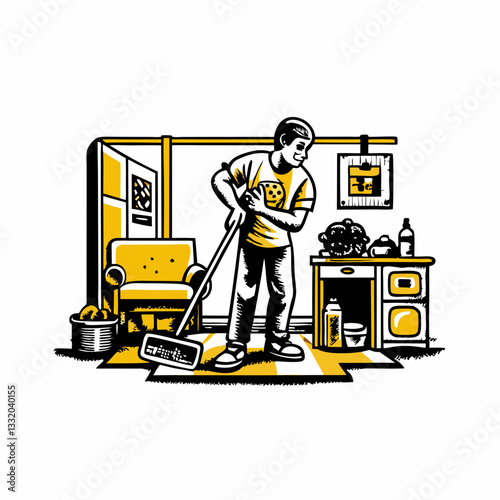 Hand drawn a person cleaning the house image. Flat image isolated on white background. Vector illustration.