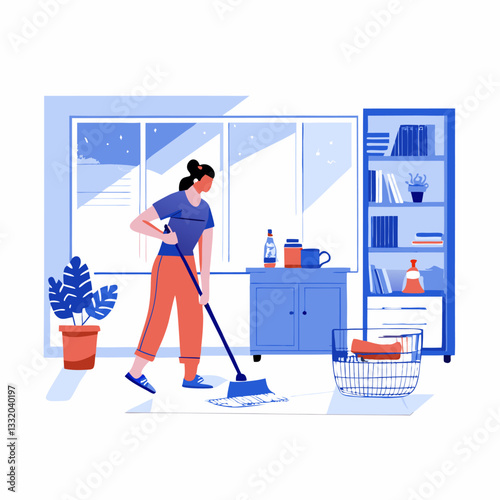 A person cleaning the house image. Flat style. Vector illustration.