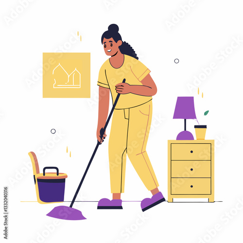 A person cleaning the house image. Flat image isolated on white background. Vector illustration.