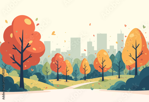 City park with falling leaves and autumn colors