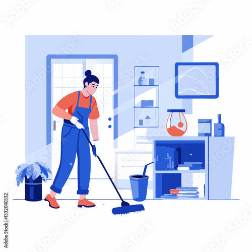 A person cleaning the house image. Flat style. Vector illustration.