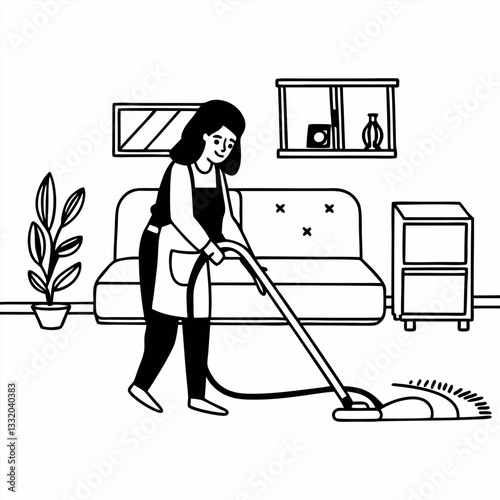 A person cleaning the house outline simple image. Flat style. Vector illustration.