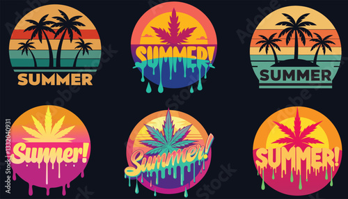 Set of Summer Sunset Cannabis Retro Vintage Design