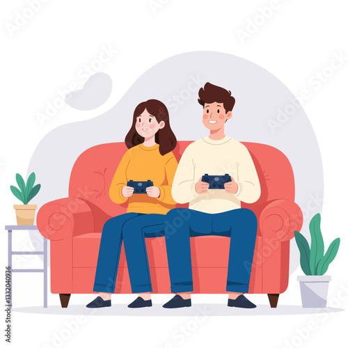 Couple playing video games on a coral couch at home