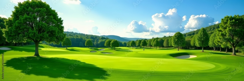 Scenic view of a well-maintained golf course with scattered trees, fairways, green Scenic view of a well-maintained golf course with scattered trees, fairways, green