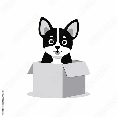 Cute cartoon dog in a cardboard box
