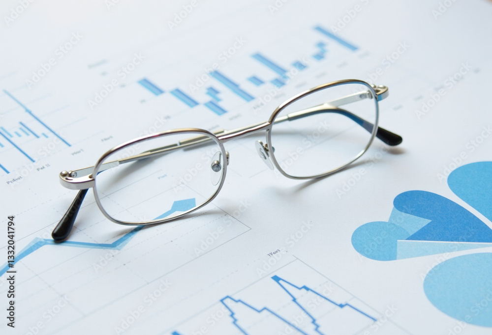 Closeup of eyeglasses resting on financial charts and graphs. Business analytics concept. Closeup of eyeglasses resting on financial charts and graphs. Business analytics concept.