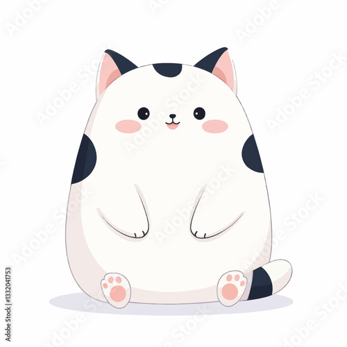 Cute white cartoon cat with black spots and pink cheeks