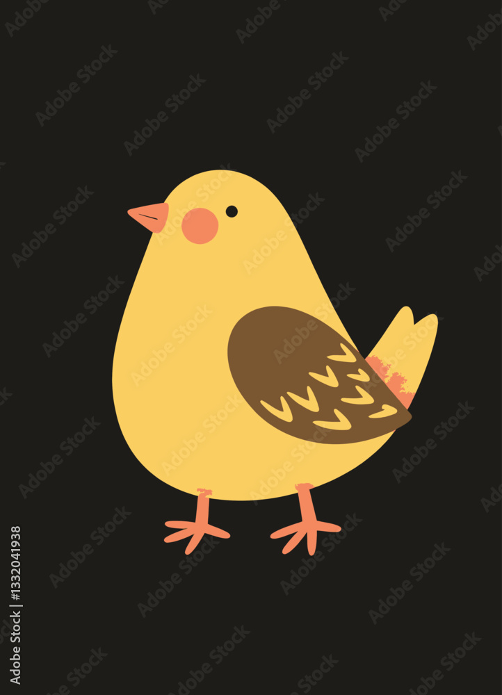 Cute yellow bird cartoon with brown markings on black background Cute yellow bird cartoon with brown markings on black background
