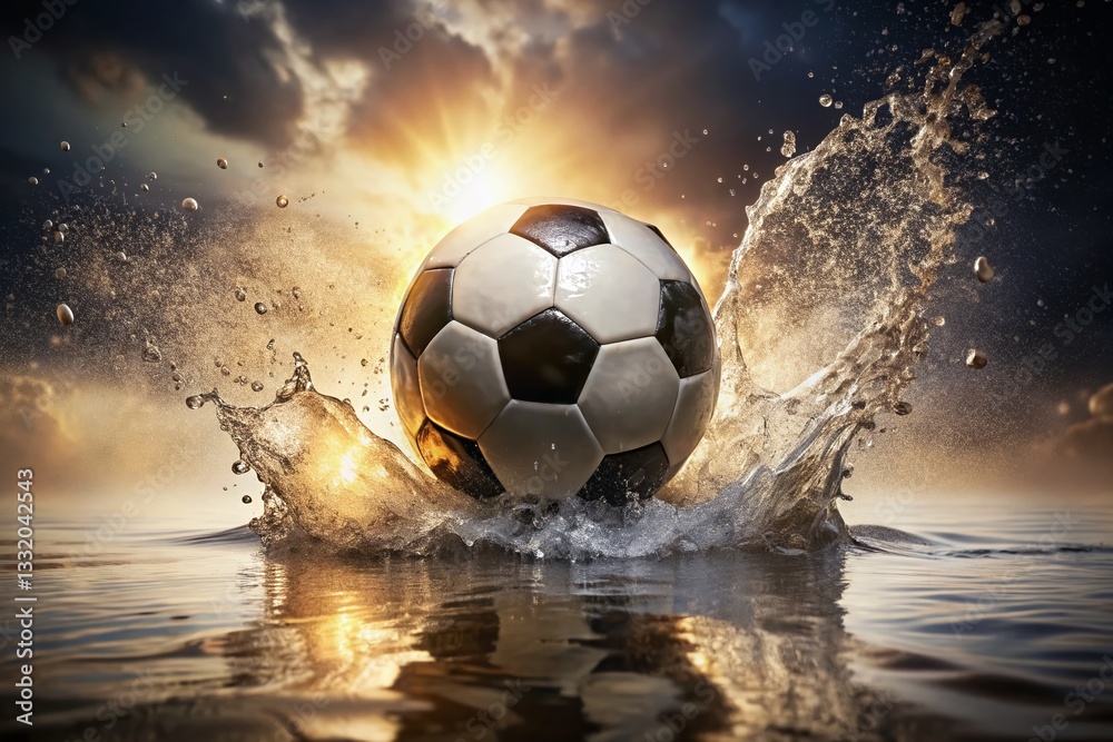 Naklejka premium Soccer Ball Sunlight Glow, Water Splash, Industrial Fashion Photography